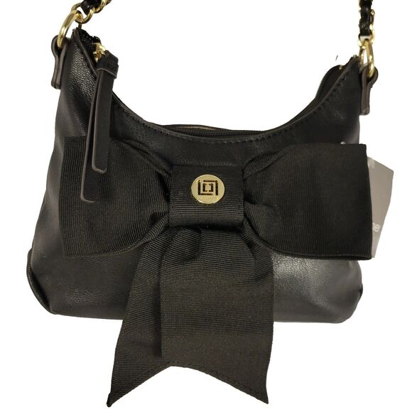 Liz Claiborne Purse Bag Kandi Mini Top Handle Chain Grosgrain Ribbon Bow Black - Picture 1 of 11